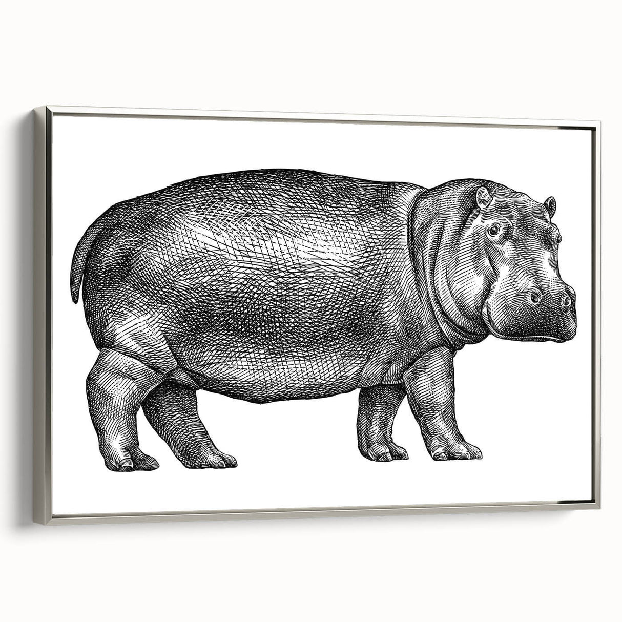 Framed wall art showcasing a side view of a silver hippopotamus design, highlighting intricate details and textures in a vibrant, modern style, perfect for wildlife enthusiasts.