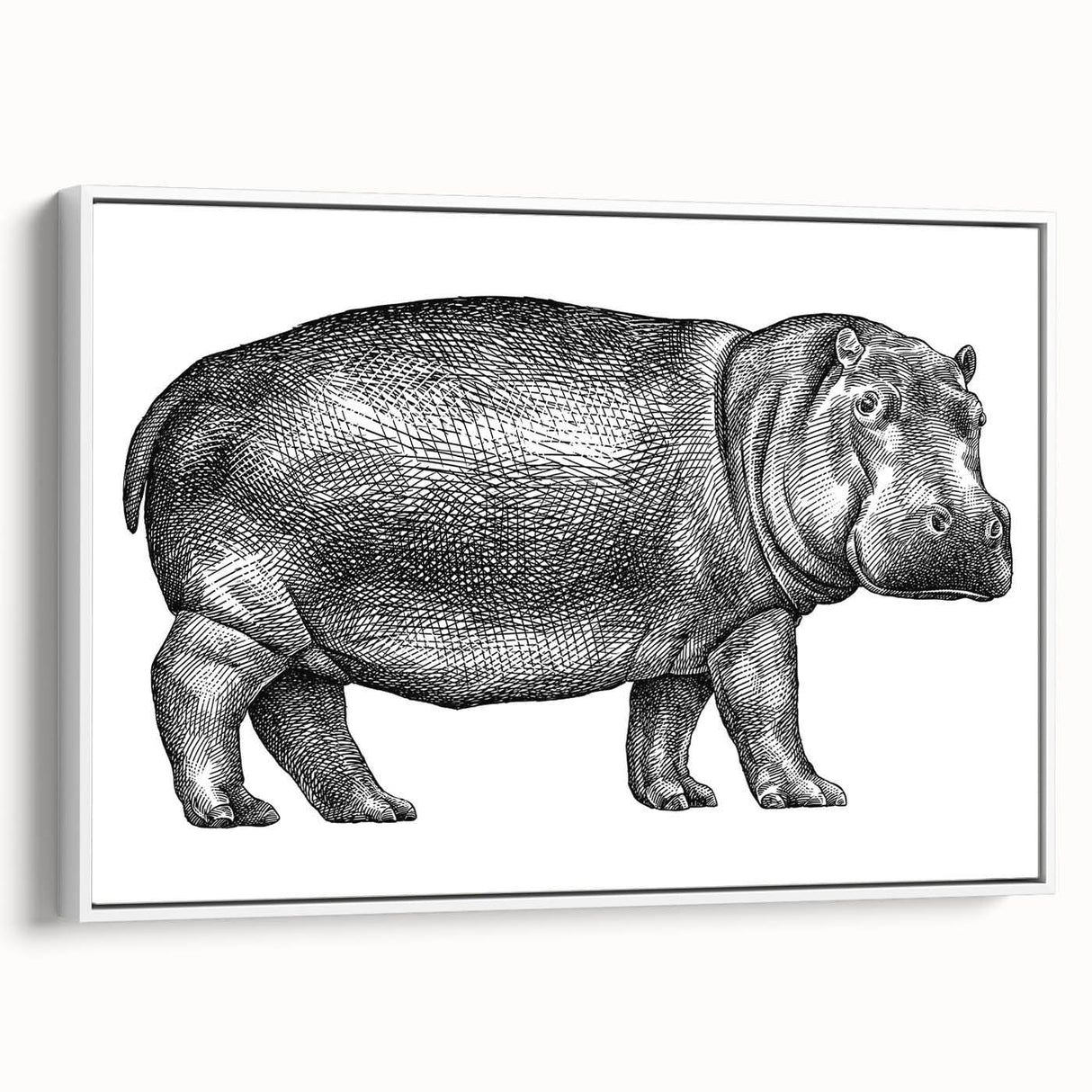 Framed wall art showcasing a side view of a hippopotamus design, with vibrant colors and intricate details, perfect for animal lovers and home decor enthusiasts.