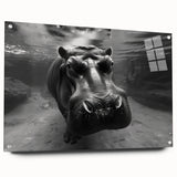 Side view of a sleek acrylic glass wall art piece featuring a detailed hippopotamus design, showcasing vibrant colors and intricate textures, perfect for enhancing any wildlife-themed decor.