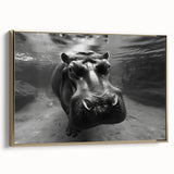 Framed canvas wall art showcasing a side view of a hippopotamus in a striking gold design, perfect for nature enthusiasts and home decor lovers. Ideal for adding a touch of wildlife elegance to any interior space.