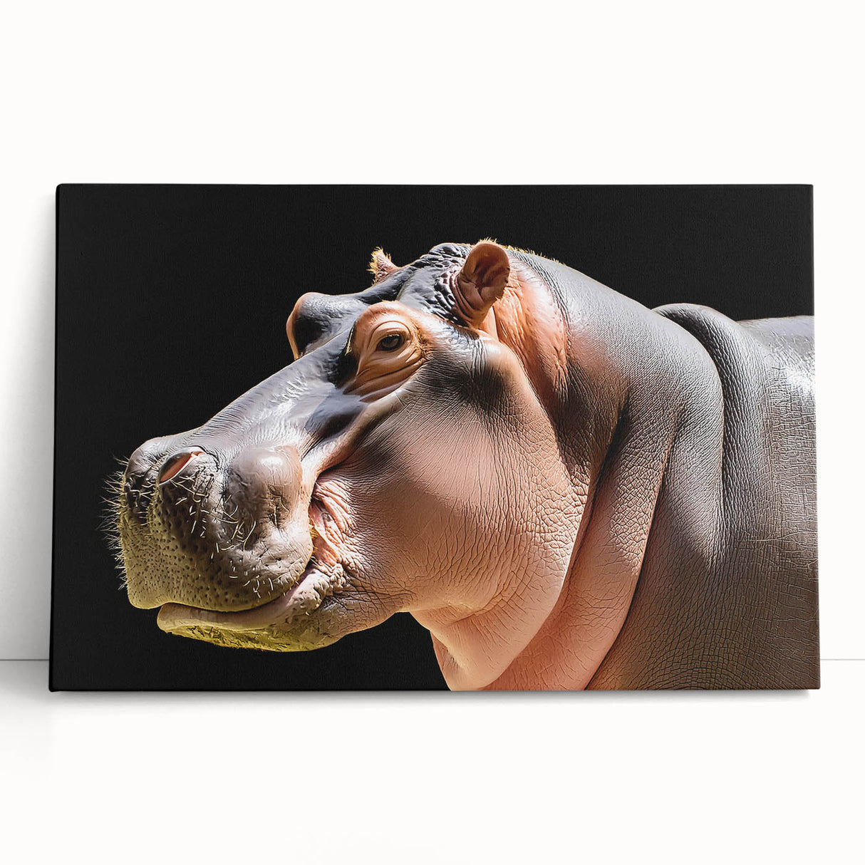 Vibrant stretched canvas wall art depicting a serene hippopotamus in a natural habitat, showcasing rich colors and intricate details, perfect for wildlife enthusiasts.