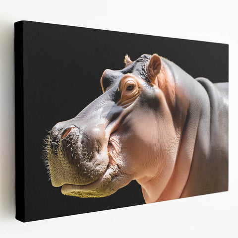 Stretched canvas wall art featuring a side view of a hippopotamus in a natural setting, showcasing rich colors and intricate details, perfect for wildlife decor.