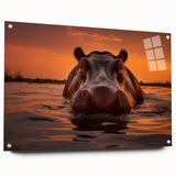 Side view of a sleek acrylic glass wall art piece featuring a colorful hippopotamus design, showcasing vibrant patterns and textures, ideal for animal-themed decor.