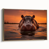 Framed canvas wall art depicting a side view of a hippopotamus in a gold design, showcasing intricate details and vibrant colors, perfect for wildlife-themed decor.