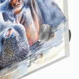 Close-up of a vibrant acrylic glass wall art piece featuring a majestic hippopotamus in its natural habitat, showcasing intricate details and rich colors. Ideal for animal lovers and wildlife enthusiasts, this striking design captures the essence of wildlife artistry, perfect for home decor.