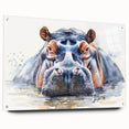 Side view of a vibrant acrylic glass wall art piece featuring a detailed hippopotamus design, showcasing rich colors and intricate details, ideal for wildlife enthusiasts.