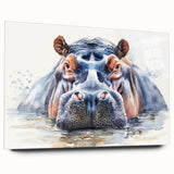 Acrylic glass wall art showcasing a side view of a hippo in a natural habitat, featuring vibrant colors and intricate details, perfect for animal lovers and home decor.
