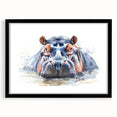 Framed wall art showcasing a hippo design in vibrant colors, highlighted by a sleek black frame and mat, perfect for adding a touch of wildlife decor to any space.