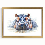 Hippopotamus wall art design in a gold frame with mat, showcasing a vibrant illustration of a hippo in a natural setting, perfect for wildlife enthusiasts.