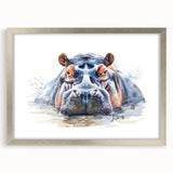 Hippopotamus wall art design in a silver frame, showcasing vibrant colors and intricate details, perfect for animal lovers and wildlife enthusiasts.