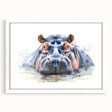 Framed wall art featuring a beautifully illustrated hippopotamus design, set against a white mat background, ideal for animal lovers and home decor enthusiasts.
