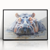 Framed wall art featuring a striking black and white illustration of a hippopotamus, showcasing intricate details and textures, perfect for animal lovers and home decor enthusiasts.