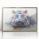 Framed wall art featuring a striking front view of a hippopotamus design, set against a gold-accented background, perfect for wildlife enthusiasts and home decor.