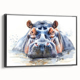 Framed canvas wall art featuring a side view of a hippopotamus in a natural setting, showcasing rich colors and intricate details, perfect for wildlife enthusiasts.