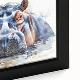 Close-up of a vibrant framed canvas wall art featuring a detailed hippopotamus design, showcasing its unique textures and colors, perfect for wildlife enthusiasts.