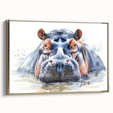 Framed wall art featuring a side view of a golden hippopotamus against a textured background, showcasing vibrant colors and intricate design details, perfect for wildlife enthusiasts.