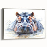 Framed canvas wall art featuring a side view of a silver-toned hippopotamus design, showcasing intricate details and textures, perfect for wildlife enthusiasts.