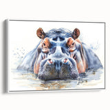 Framed wall art featuring a side view of a hippopotamus in a natural setting, showcasing intricate details and vibrant colors, perfect for wildlife enthusiasts.
