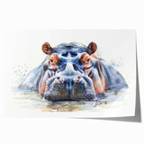 Hippopotamus wall art design showcasing a vibrant, colorful illustration of a hippo in a natural habitat, perfect for enhancing home decor in wildlife-themed settings.