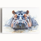 Stretched canvas wall art showcasing a vibrant front view of a hippopotamus in its natural habitat, perfect for animal lovers and home decor enthusiasts.