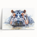 Hippopotamus wall art in vibrant colors, showcasing a playful design on stretched canvas, perfect for animal lovers and home decor enthusiasts.