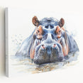 Side view of a vibrant stretched canvas wall art featuring a hippopotamus design in a natural habitat, showcasing rich colors and intricate details, perfect for wildlife enthusiasts.