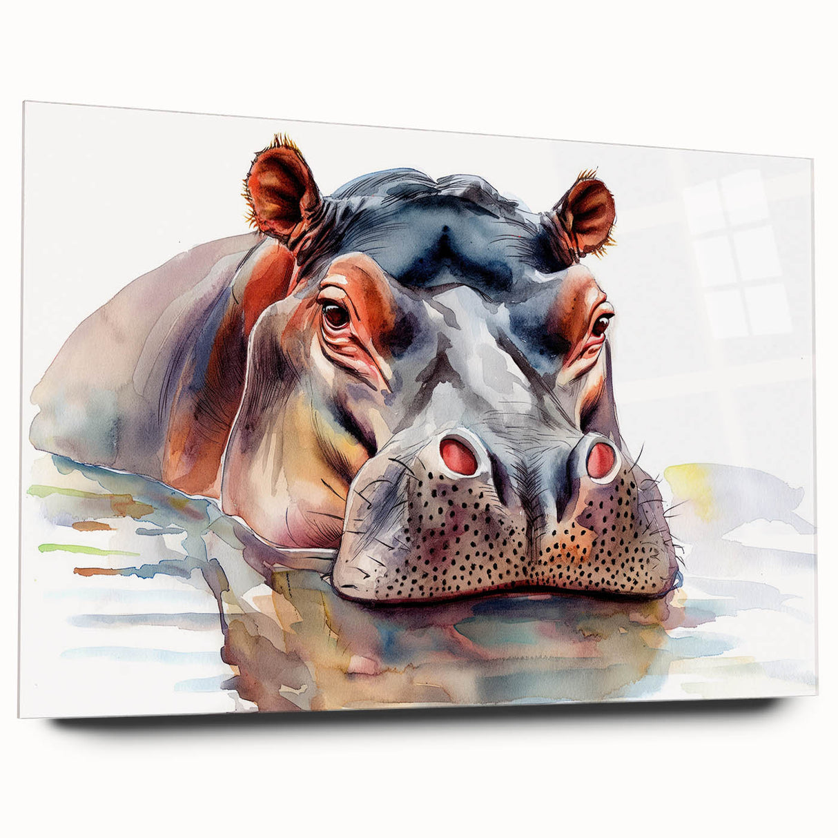 Side view of a vibrant acrylic wall art piece featuring a hippo design, showcasing intricate details and colors, ideal for animal lovers and decor enthusiasts.