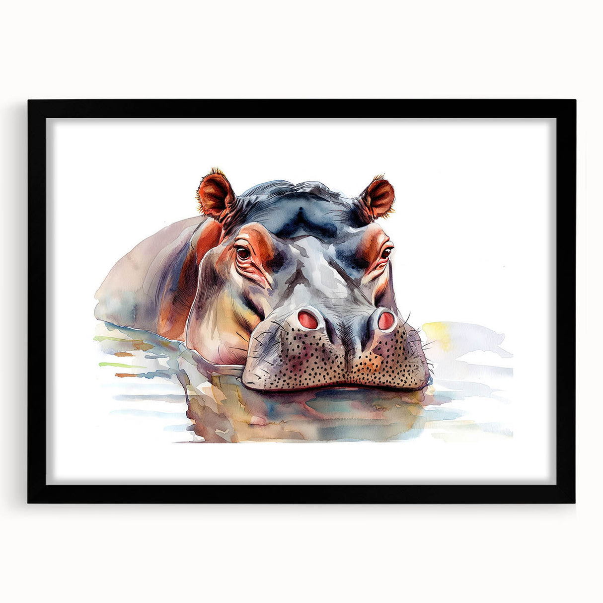Black-framed wall art featuring a detailed illustration of a hippopotamus in a vibrant, colorful setting, perfect for animal lovers and home decor enthusiasts.