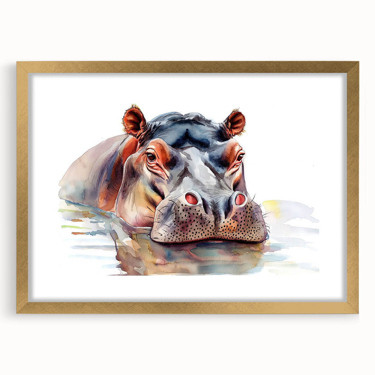 Hippopotamus wall art design featuring a detailed gold-framed print with matting, showcasing vibrant colors and textures, perfect for wildlife enthusiasts.