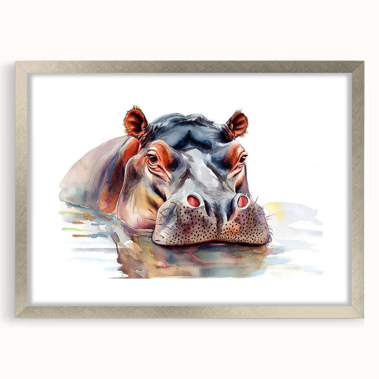 Hippopotamus wall art print framed in silver, showcasing vibrant colors and intricate details, perfect for wildlife enthusiasts and modern decor.