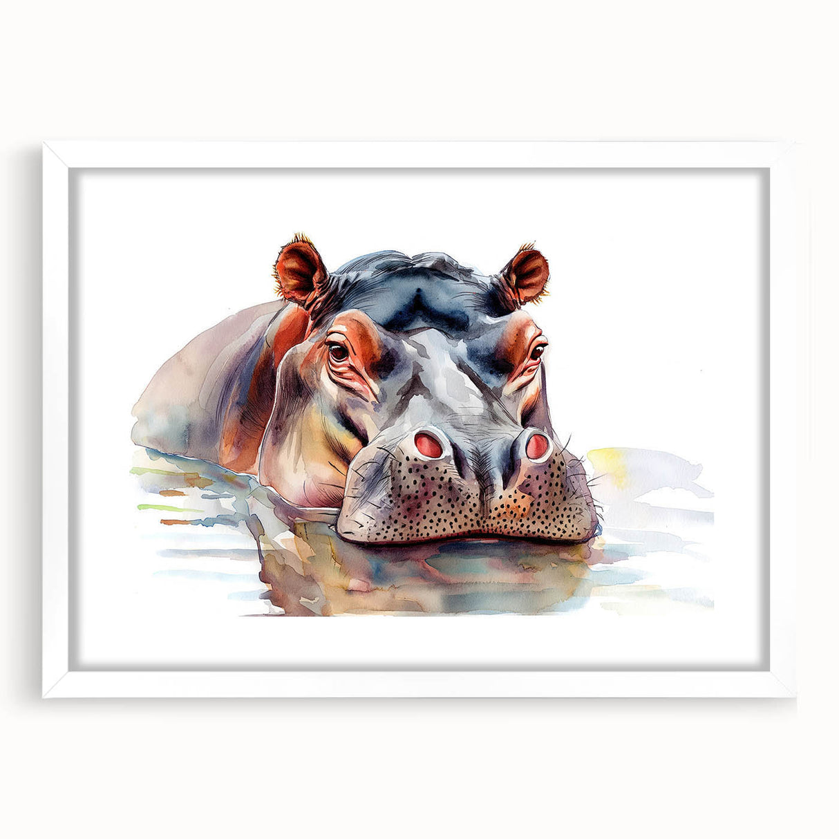 Hippopotamus wall art design framed in white with a mat, showcasing a vibrant illustration of a hippo in its natural habitat, perfect for wildlife enthusiasts.