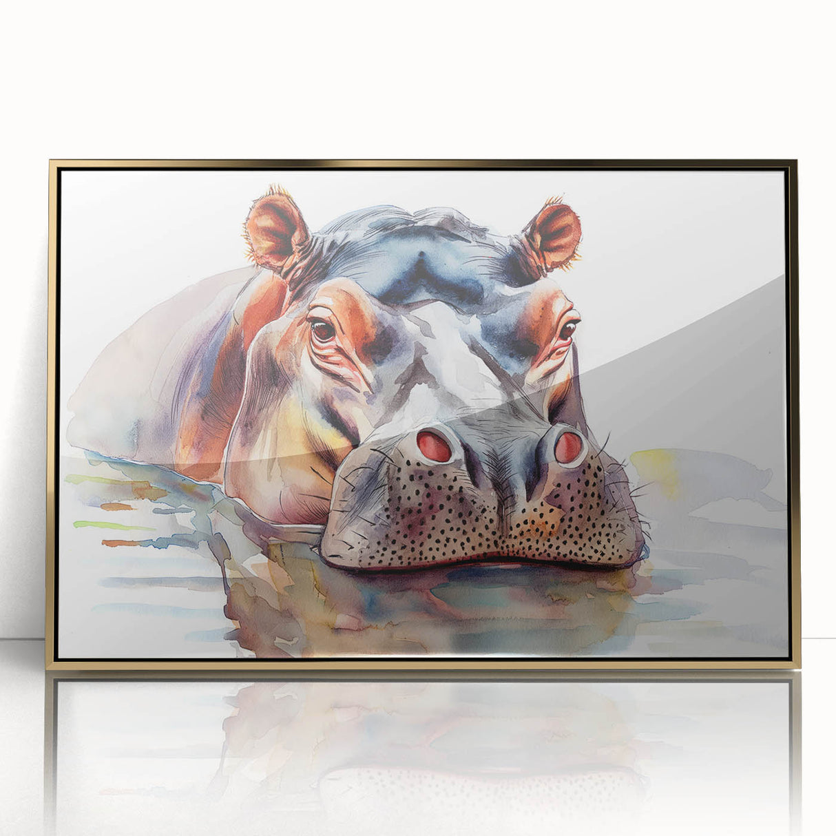 Framed wall art featuring a striking gold-accented design of a hippopotamus in a vibrant, colorful landscape, ideal for animal lovers and home decor enthusiasts.