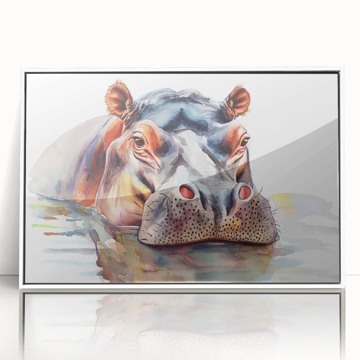 Framed wall art featuring a vibrant hippopotamus design in a white frame, showcasing the animal's playful expression and colorful details against a minimalistic background. Ideal for adding a touch of wildlife charm to home decor.