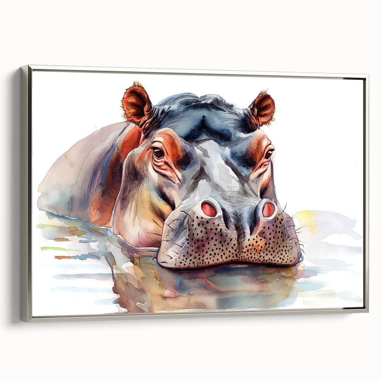 Framed wall art showcasing a side view of a silver-toned hippopotamus design, perfect for adding a touch of wildlife elegance to home decor. Ideal for animal lovers and nature enthusiasts seeking unique decorative pieces.