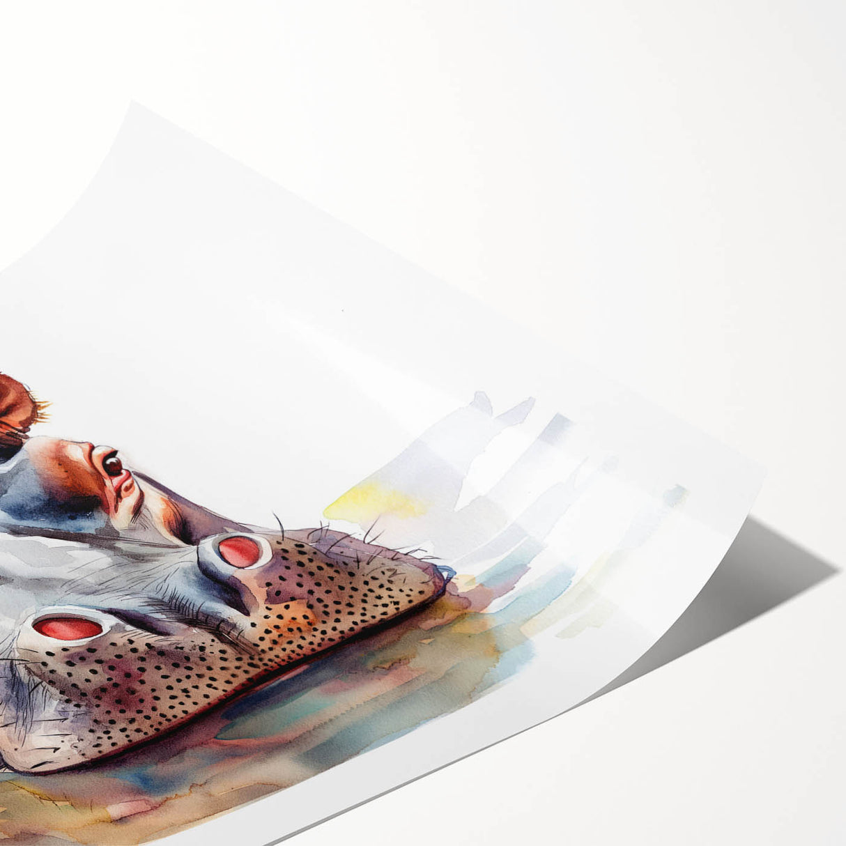 Vibrant wall art print featuring a stylized hippopotamus design, showcasing intricate patterns and bold colors, perfect for animal lovers and home decor enthusiasts.