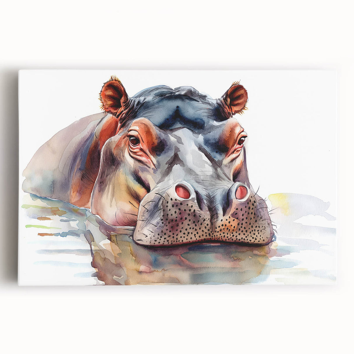 Hippopotamus wall art featuring a vibrant, colorful design on stretched canvas, showcasing the animal's playful nature against a serene aquatic background.