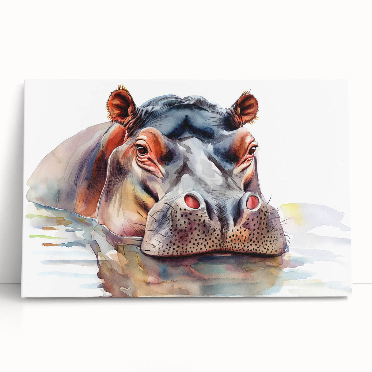 Hippopotamus wall art design on stretched canvas, showcasing vibrant colors and intricate details, perfect for wildlife enthusiasts and home decor.