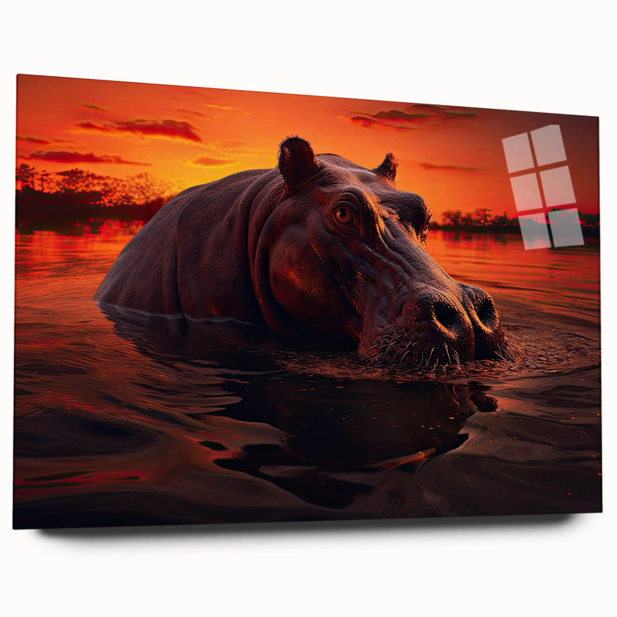 Side view of a colorful acrylic glass wall art piece showcasing a detailed hippopotamus design, perfect for wildlife-themed decor and animal lovers.