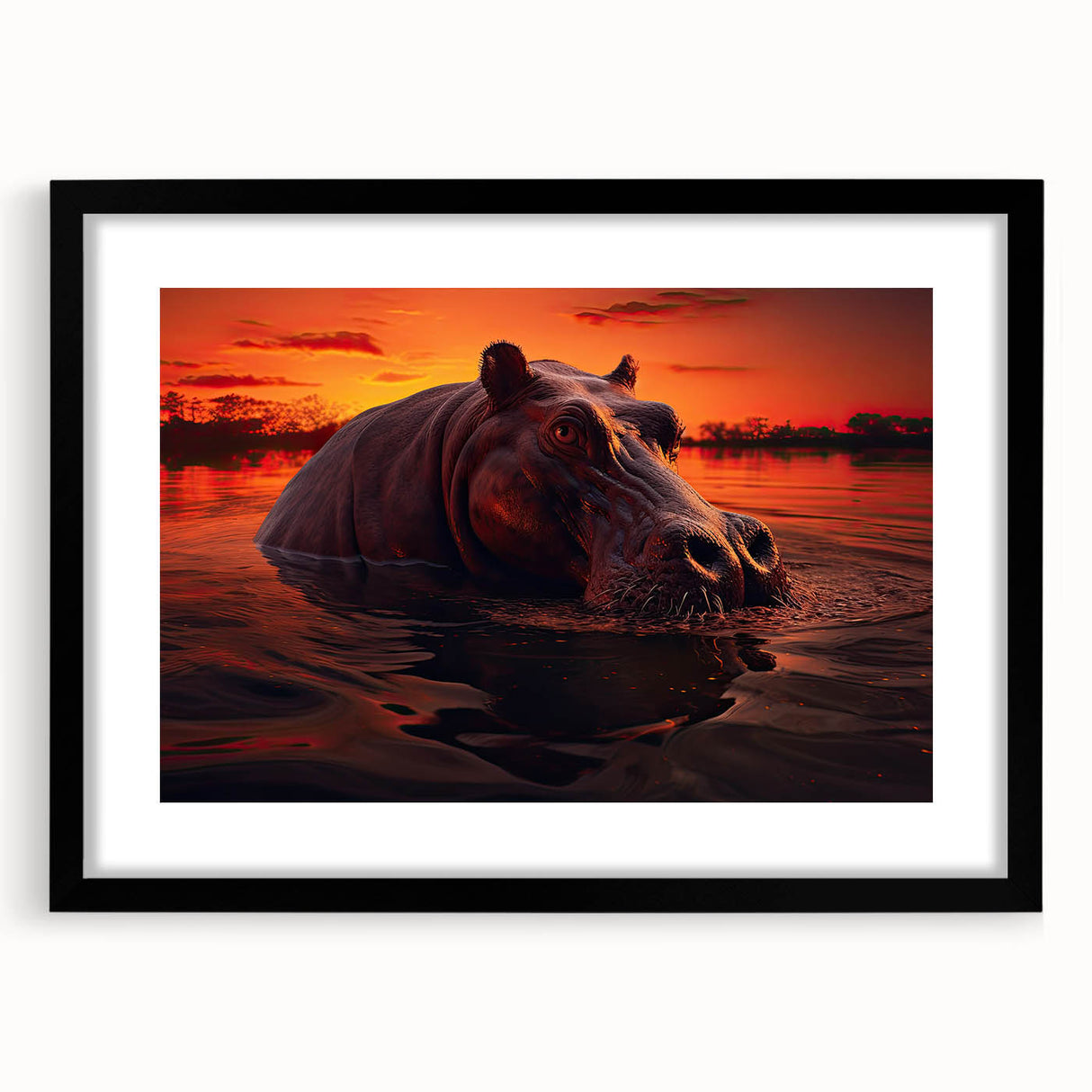 Black-framed wall art featuring a detailed illustration of a hippopotamus in its natural habitat, ideal for animal lovers and home decor enthusiasts.