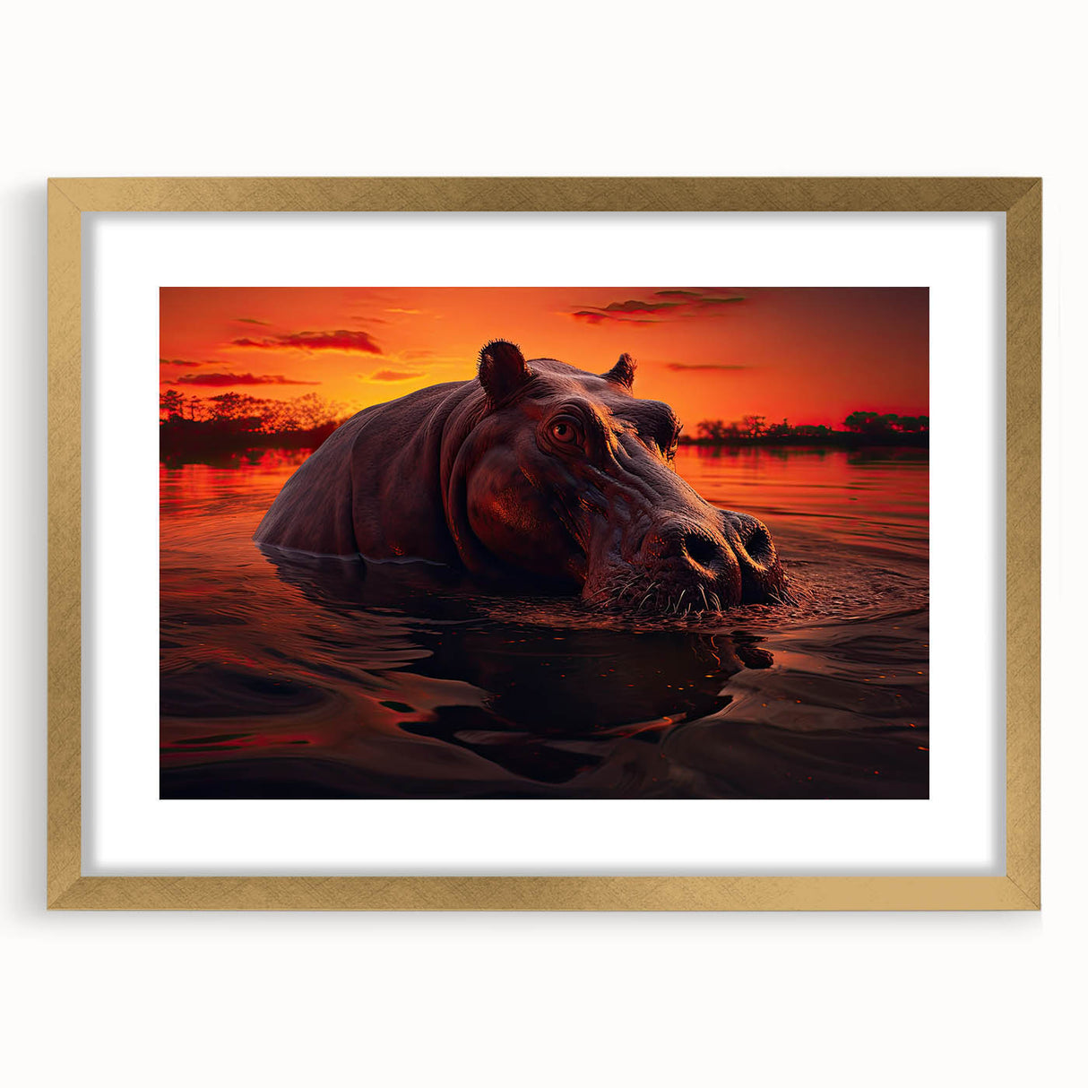 Front view of a framed wall art piece showcasing a detailed, gold-accented hippopotamus design, perfect for wildlife enthusiasts and modern decor.