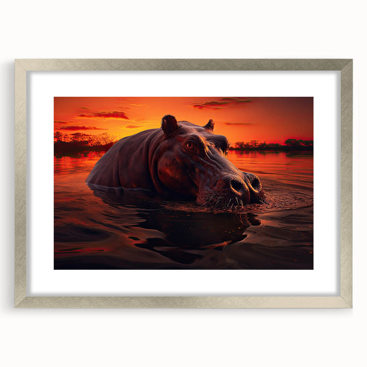 Hippopotamus wall art design framed in silver with a mat, showcasing vibrant colors and intricate details, perfect for animal lovers and decor enthusiasts.