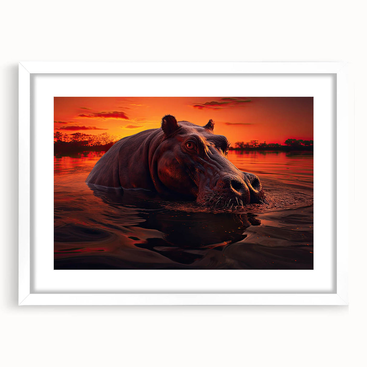 Front view of a framed wall art collection featuring a whimsical hippopotamus design in vibrant colors, set against a white mat, perfect for animal-themed decor.