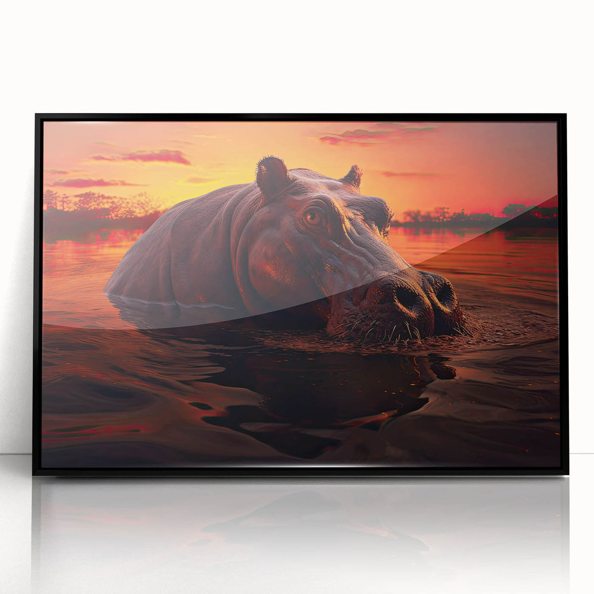 Framed wall art featuring a black acrylic design of a hippopotamus, showcasing intricate details and vibrant colors, perfect for wildlife enthusiasts and modern decor.