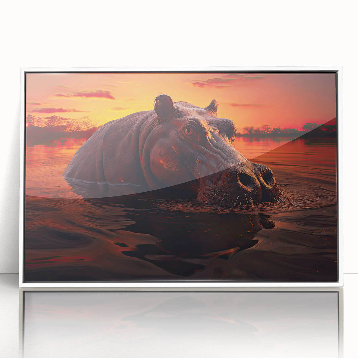Framed wall art featuring a detailed white-front view of a hippopotamus design, showcasing vibrant colors and intricate details, perfect for wildlife enthusiasts.