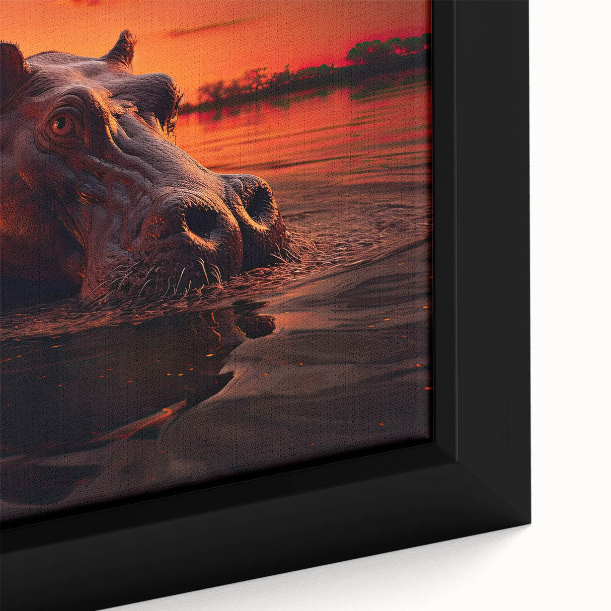 Close-up view of a framed canvas wall art featuring a vibrant hippopotamus design, showcasing intricate details and rich colors, perfect for animal lovers and home decor enthusiasts.