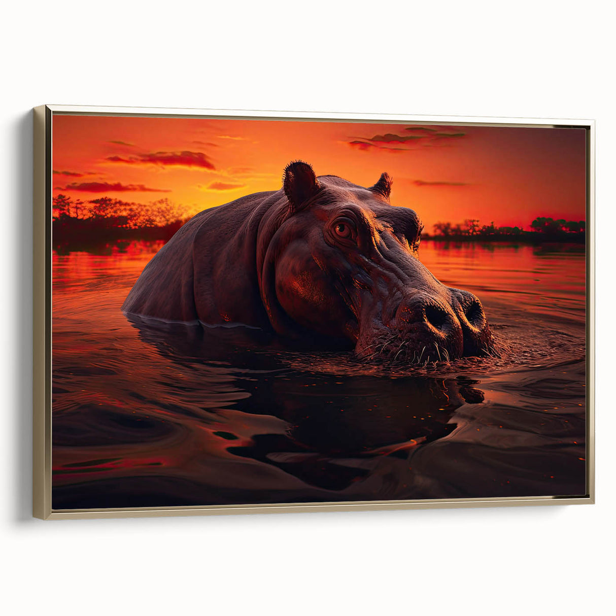 Framed wall art featuring a side view of a whimsical hippopotamus design, showcasing vibrant colors and intricate details, perfect for animal lovers and home decor enthusiasts.