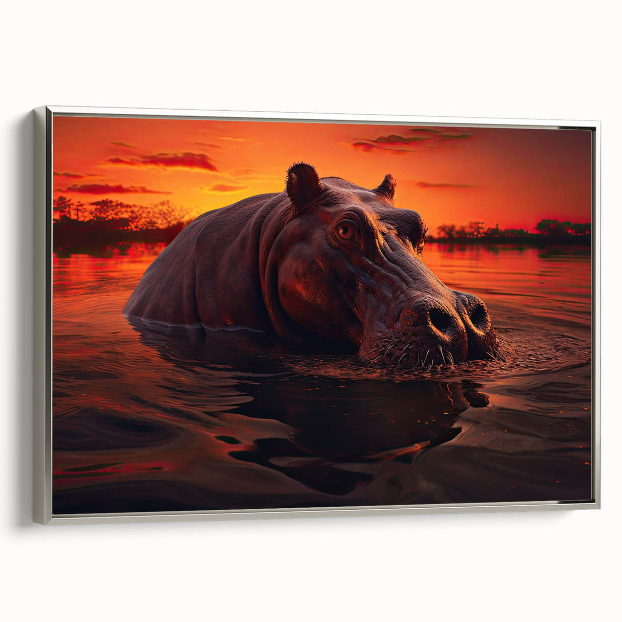 Framed wall art featuring a silver side view of a hippopotamus in a natural setting, showcasing its unique design and vibrant colors, perfect for wildlife enthusiasts.