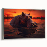 Framed wall art featuring a silver side view of a hippopotamus in a natural setting, showcasing its unique design and vibrant colors, perfect for wildlife enthusiasts.
