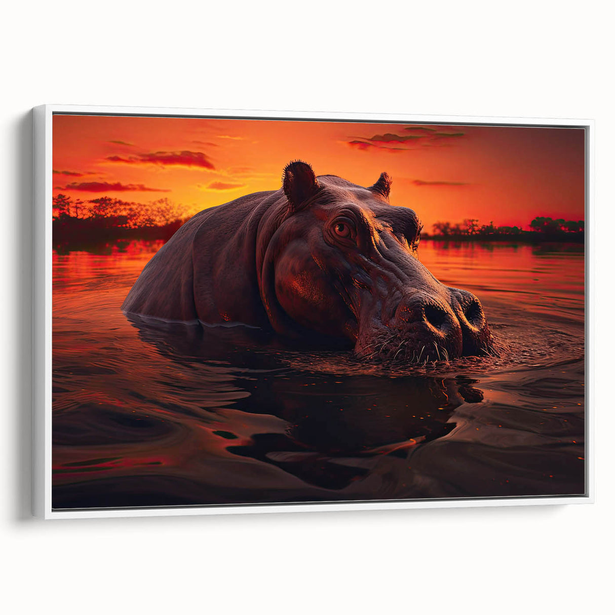 Framed canvas wall art featuring a side view of a hippopotamus in a serene natural setting, showcasing intricate details and vibrant colors, perfect for wildlife enthusiasts.