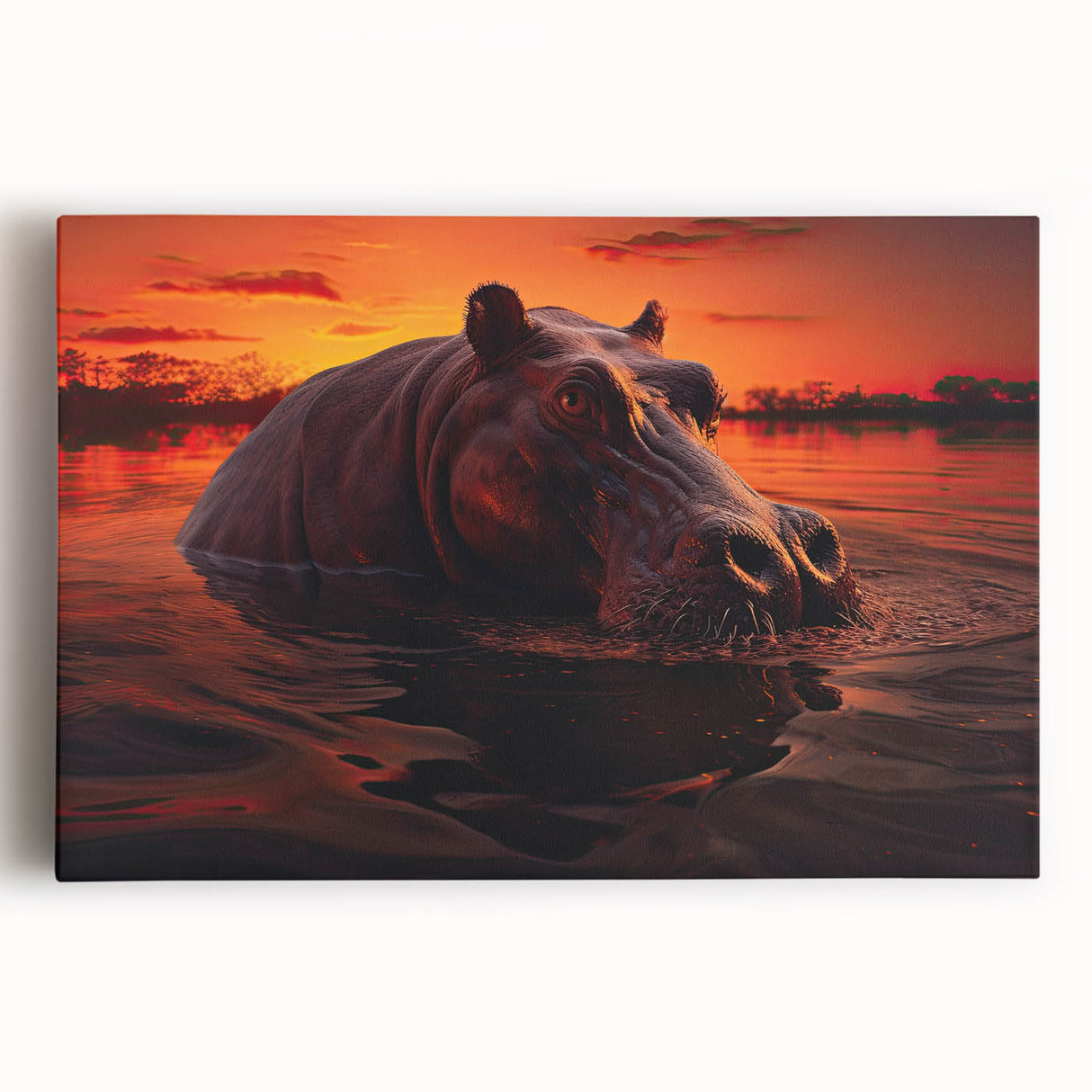 Front view of a stretched canvas featuring a vibrant hippopotamus design, showcasing intricate details and bold colors, ideal for wildlife-themed decor.